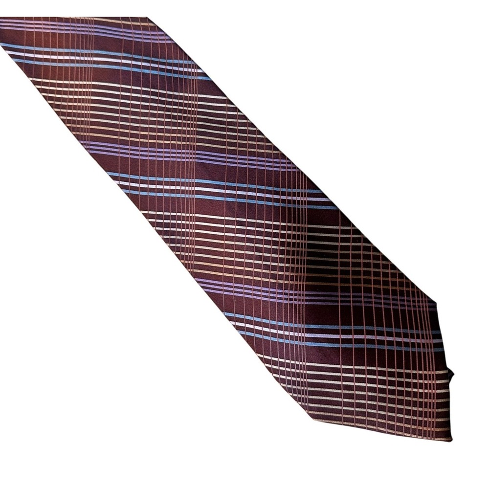 Claiborne Mens Silk Tie Burgundy Blue Purple Plaid Geometric Pattern Hand Sewn